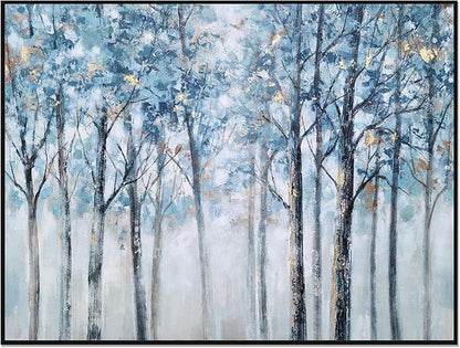 Yihui Arts Abstract Forest Wall Art Hand Painted Textured Blue Trees Canvas Painting with Gold Foil Modern Framed Artwork for Living Room Decor