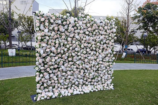 8×8 ft Artificial White Flower Wall with Backdrop Stand, 2pcs 4×8 ft Panels, Assembly-Friendly Floral Backdrop for Weddings, Events, Studios & Window Displays