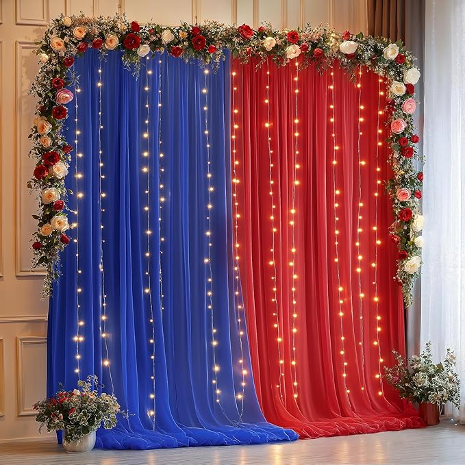 10x10ft Royal Blue Red Tulle Backdrop Curtain with Lights String for Parites, Sheer Backdrop Curtains for Wedding Baby Shower Birthday Party Photo Shoot Decorations