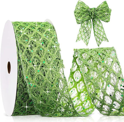Geosar 20 Yards Green Glitter Mesh Wired Ribbon for Christmas Tree Decorations, Gift Wrapping, DIY Craft, Xmas Wreaths, Cabinet Decor (2.5 Inch)