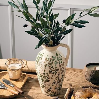 Green and Beige Antique Vase, 8.9 Inch Vintage Chinoiserie Floral Vase, Rustic Ceramic Vase for Home Decor, Living Room, Bookshelf, Office, Entryway, Garden, Chinoiserie Decor, Tuscan Decor