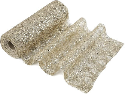 MEEDEE Champagne Gold Glitter Mesh Star Web Ribbon 10 Inch Wide by 10 Yards Roll Champagne Fabric Ribbon Decorative Champagne Mesh Ribbon for Christmas Tree, Garland, Holiday Wreaths, Bows