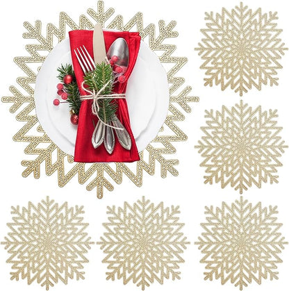 Snowflake Placemats Set of 6, Washable Christmas Placemats Snowflake Tablemats Hollow Out Round Vinyl Place Mats for Dining Table Setting Kitchen Table Mats Christmas Decoration(Gold Snowflake)