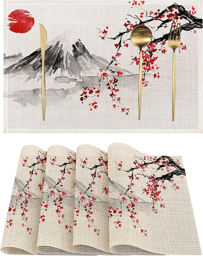 Japanese Cherry Blossom Placemats Set of 4, Sun Fuji Mount Place Mats Heat Resistant Washable Non-Slip Table Mats for Party Kitchen Dining Decor 12x18 Inch
