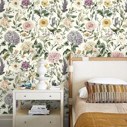 HeloHo Floral Peel and Stick Wallpaper Vintage Floral Contact Paper 17.3"x393.7" Boho Flower Botanical Wallpaper Removable Self Adhesive Farmhouse Wall Paper for Cabinets Bathroom Bedroom Vinyl