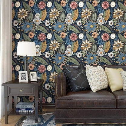 Blue Boho Wallpaper Peel and Stick,Vintage Floral Contact Paper 17.5" x 393.7", Retro Flower Paisley Botanical Wall Paper Self Adhesive Removable Waterproof for Walls Shelves Cabinet Table Decoration