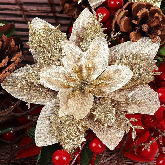 RECUTMS 10 Pcs Christmas Glitter Artificial Poinsettia Flowers 6 inch Christmas Wreath Christmas Tree Flowers Ornaments Holiday Seasonal Decorations for Xmas New Year Wedding Party (Gold)