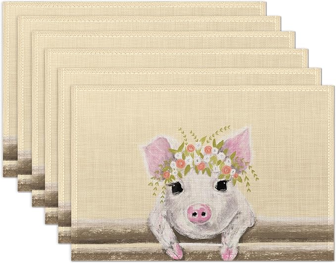 Placemats Set of 6, Cute Little Pig with Floral Wreath Linen Place Mats,Modern Washable Table Placemats 12"x18" Heat Resistant Table Mats for Dining Kitchen Party Holiday Decoration