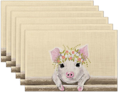 Placemats Set of 6, Cute Little Pig with Floral Wreath Linen Place Mats,Modern Washable Table Placemats 12"x18" Heat Resistant Table Mats for Dining Kitchen Party Holiday Decoration