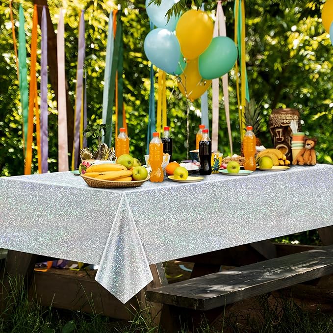 2 pcs Silver Holographic Tablecloths Shiny Disco Laser Table Cloths 40" x 108" Iridescence Plastic White Table Cover for Birthday Party Decoration Wedding Christmas Winter Grad Party Supplies