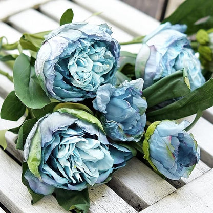 FiveSeasonStuff Vintage Dusty Blue Peonies – Realistic Artificial Silk Flowers with Dry-Look Petals, 6 Stems for Rustic Home & Wedding Bridesmaids Bouquet Bridal Showers