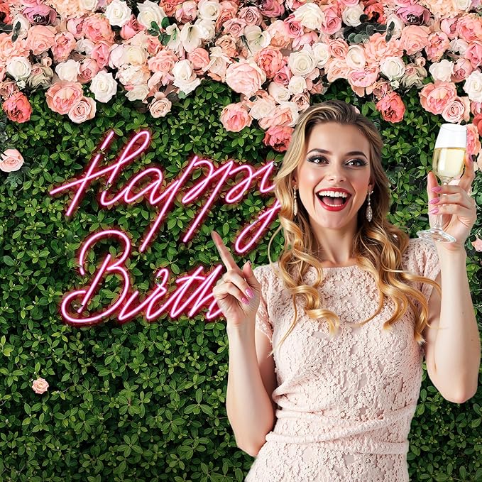 Riyidecor Happy Birthday Backdrop Vinyl for Women Neon Flower Wall Pink Rose Green Leaves Floral Blossom Botanical Plant Nature 10Wx8H Feet Girls Photography Background Birthday Photo Studio Shoot