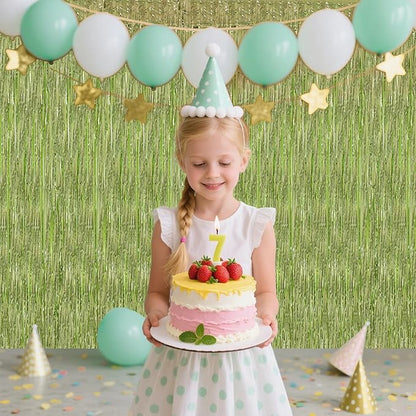TONIFUL 3Pcs Light Green Door Streamers,Green Photo Booth Backdrop,Metallic Streamers Green Foil Fringe Curtains for Birthday,Christmas,New Year,St. Patrick's Day Party Streamers Decor