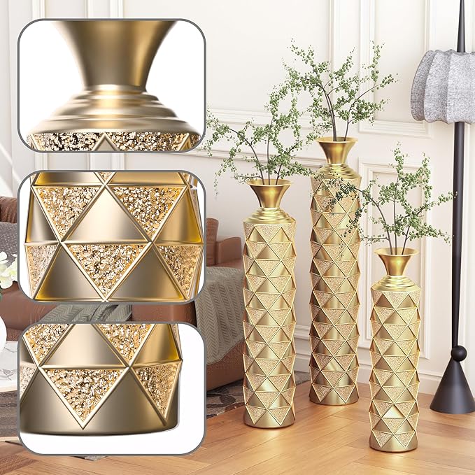 Floor Oversized Gold Metal Decorative Vase with 3D Triangle Pattern Set of 3 Large Vases for Home Living Room 33.5 ", 29.5 ", 25.2" High (Antique Gold)