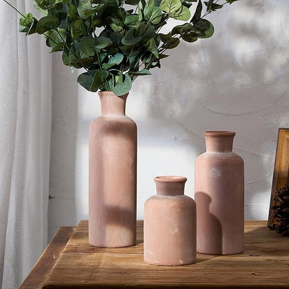 LUKA Ceramic Rustic Farmhouse Vase,Terracotta Vases for Decor,Vase Set of 3,Vases for Your Bedroom,Office,Living Room,Fireplace,Bookshelf Decor,Housewarming 10+7.5+5 Inch