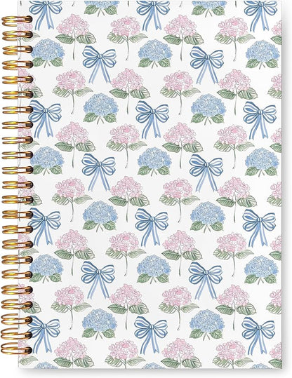 VIIJJUE Cute Bow Hydrangea Floral Notebook, AestheticJournal, Blue and Pink Flowers Notebooks for Note Taking, Blue and Pink Office Supplies, Hardcover Spiral Journal 5.5x8.3 Inch