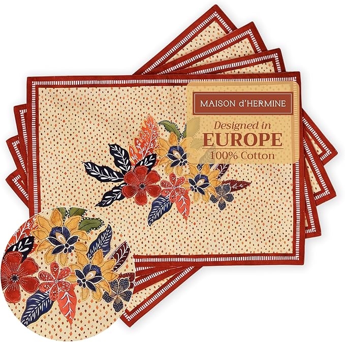Maison d' Hermine Placemats Set of 4 100% Cotton Washable Cloth Place Mats, Reusable Table Mats for Thanksgiving Christmas Decorations Kitchen Dining Party Wedding Restaurant (Kalahari, 13" x 19")