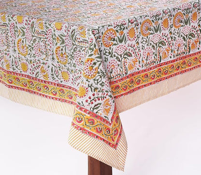 ATOSII Clover Yellow 100% Cotton Rectangle Fall Tablecloth, Handblock Floral Print Linen Table Cloth for Kitchen Dining I Parties, Outdoors, Christmas, Thanksgiving I 72 X 108 Inches I 8 Seater