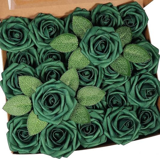 50pcs Artificial Flower，Real Touch Foam Roses w/Stem DIY for Wedding Bouquet Centerpieces Party Shower Home Decor-Green boxpack