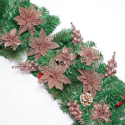 22Pcs Poinsettia Artificial Flowers and Glitter Berries Stems Kit, 16Pcs Christmas Tree Flowers Ornaments and 6 Pack Christmas Tree Picks for Wedding Holiday Decorations (Rose Gold)