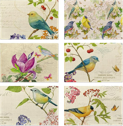 Bird Placemats Set of 6,Washable Heat Resistant Table Mats Vintage Place Mats for Kitchen Dining, Cozy Fall Winter Decor, Bird Floral Pattern