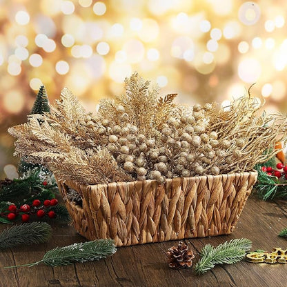 75 Pcs Christmas Glitter Branches 3 Styles Artificial Christmas Picks Berries Stems Pine Needles Floral Twig Spray for Xmas Tree Ornaments DIY Wreath Garland(Light Gold)
