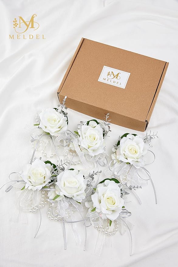 Meldel Prom Wrist Corsage for Bride Bridesmaids Wedding, Set of 6, Artificial White Rose Wrist Corsages for Prom Women Girls Engagement Mother Bridal Shower Party Homecoming Graduation Anniversary