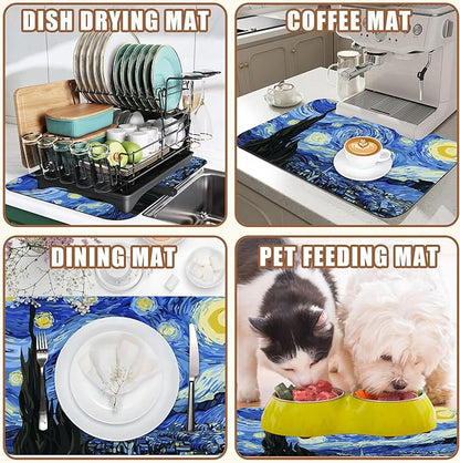 Dish Drying Mat Starry Night Art Coffee Bar Mat for Countertop Absorbent Rubber Backed Hide Stain Dish Drainer Rack Pad Espresso Machine Coffee Pot Dining Room Decoration 11.8 x 19.7 Inch
