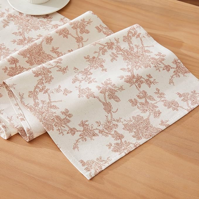100% Cotton French Pastoral Table Runners, 13x108 Inch Terracota Farmhouse Table Runners 108 Inches Long, Vintage Flowers Print Home Decors