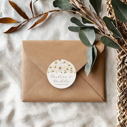 Personalized Floral Wedding Stickers with Your Choice of 30 Flower Styles - Choose Font and One of Five Pre-made Phrases or Add Custom Text (028 - Daisies)