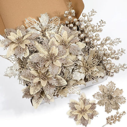 22 Pcs Champagne Christmas Poinsettia Artificial Flowers and Glitter Berries Stems Kit, Christmas Poinsettias Decorations and Christmas Tree Ornaments for Xmas Home Wedding Holiday Tree Decor