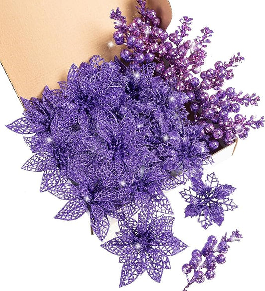 22Pcs Christmas Poinsettia Artificial Flowers and Glitter Berries Stems Kit, 16Pcs Glitter Christmas Tree Flowers Ornaments and 6 Pack Christmas Tree Picks for Wedding Xmas Holiday Decorations(Purple)