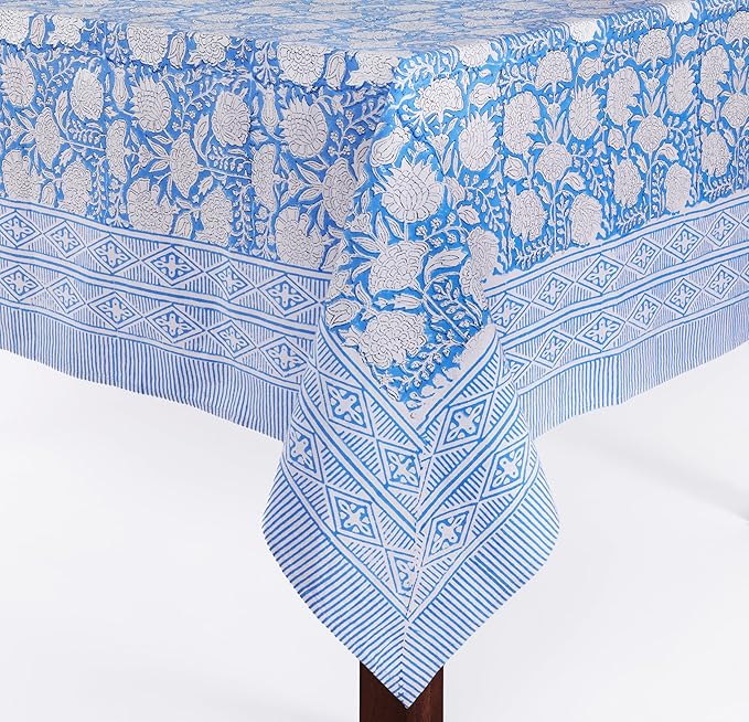 ATOSII Azora Blue 100% Cotton Rectangle Summer Tablecloth, Block Print Floral Table Cloth for Dining, Outdoors, Parties, Weddings I Grand Millenial Decor 60 X 90 Inches I 6 Seater I Memorial Day