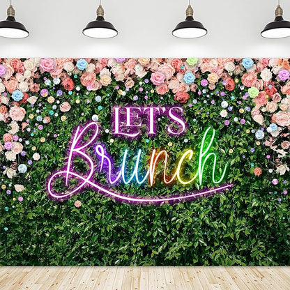 Riyidecor Green Leaves Let's Brunch Backdrop Polyester Fabric Neon Rainbow Pink Floral 8Wx6H Feet Rustic Greenery Photography Background Grass Lawn Women Brunch Party Photo Studio Shoot