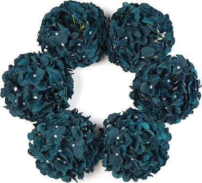 DuHouse Silk Hydrangea Artificial Flower Heads with Stems Fake Hydrangeas Flowers for DIY Wedding Centerpiece Home Decor,Pack of 6(Peacock Blue)
