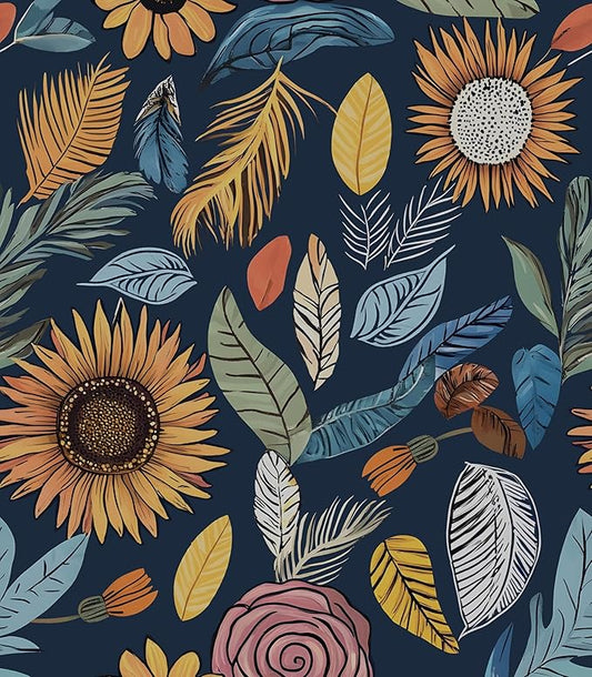 Blue Wallpaper Peel and Stick,Vintage Boho Floral Contact Paper, 17.5" x 393.7" Retro Paisley Flower Botanical Wall Paper Self Adhesive Removable Waterproof for Bathroom Shelves Cabinet Table Decor
