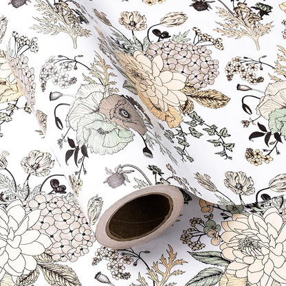 WRAPAHOLIC 30 Inch Floral Wrapping Paper - 30 Inch X 33 Feet - Vintage Floral Printed on White Pearlized Paper Design for Wedding, Birthday, Mother's Day, Party