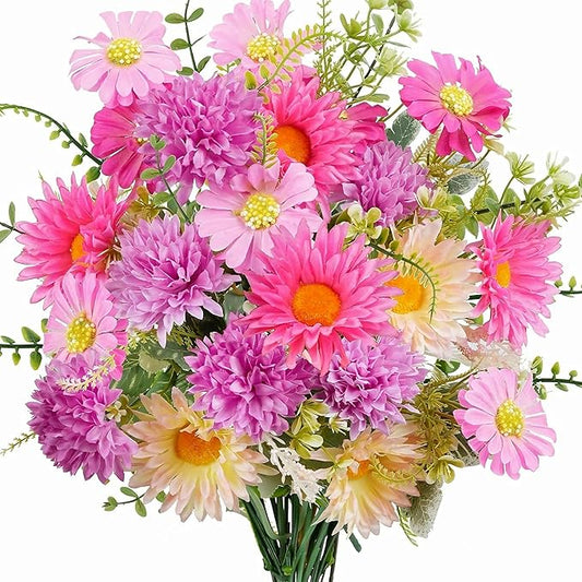 Daisy Flowers Artificial Silk Gerbera Daisy Fake Outdoor Bouquet Realistic Bulk WildFlowers Sunflower Bushes Pink Floral Arrangements Fall Cemetery Flowers for Grave Funeral Garden Home Multicolor