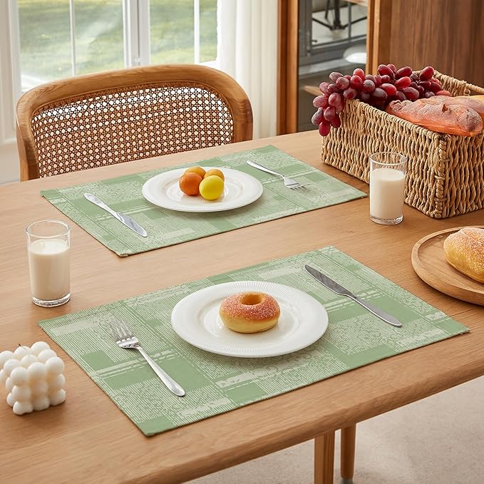 LilyCat Linen Fabric Floral Placemats, Green Stripes Durable Boho Dining Table Mats for Kitchen, Rustic Vintage Washable Place Mats Set of 6, 18’’× 12’’