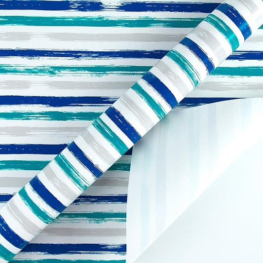 WRAPAHOLIC 30 Inch Blue Wrapping Paper Roll - Jumbo Blue Navy and Grey Lines Print for Birthday, Holiday, Wedding, Baby Shower Wrap - 30 inch x 33 feet
