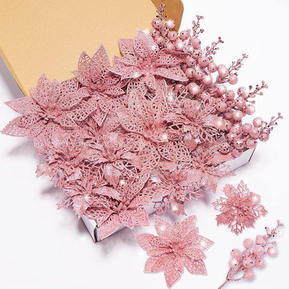 22-Piece Christmas Poinsettia Artificial Flower and Glitter Berries Kit with Tree Ornaments and Picks for Holiday Decor
