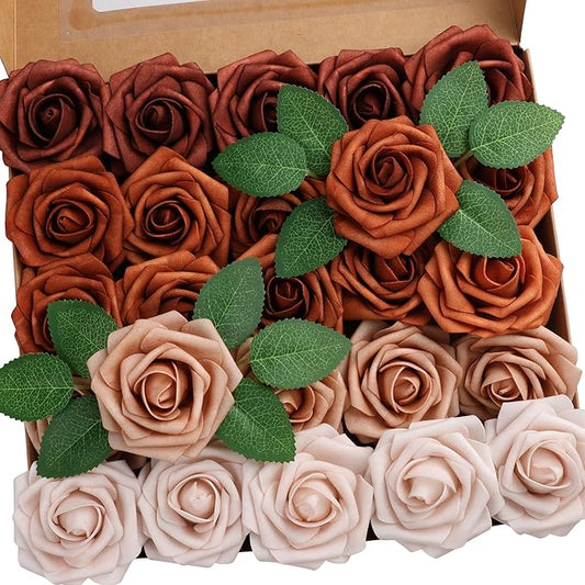 25pcs Artificial Flower，Real Looking Foam Roses w/Stem for DIY Wedding Bouquets Centerpieces Bridal Shower Party Decor-Shades of Burnt Orange