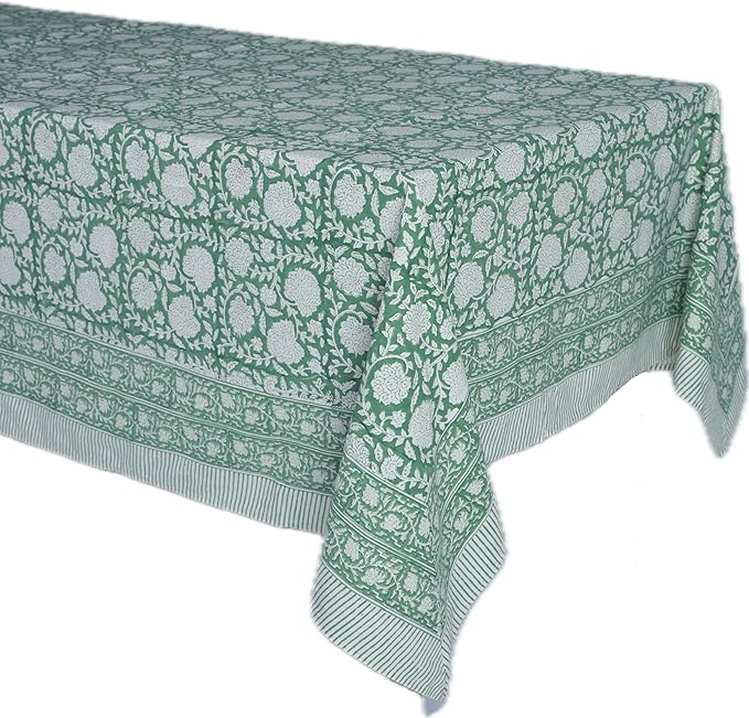 ATOSII Shalimar Green 100% Cotton Rectangle Fall Tablecloth, Handblock Floral Table Cloth Linen for Kitchen Dining I Parties Wedding Outdoors Christmas Thanksgiving I Fall Home Decor 60 X 90 Inches