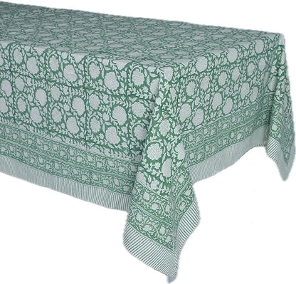 ATOSII Shalimar Green 100% Cotton Rectangle Fall Tablecloth, Handblock Floral Table Cloth Linen for Kitchen Dining I Parties Wedding Outdoors Christmas Thanksgiving I Fall Home Decor 60 X 90 Inches