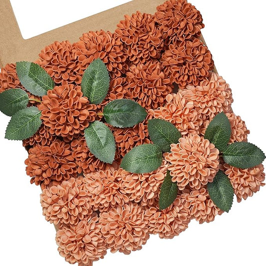 Artificial Flowers, 25pcs Rose for DIY Wedding Bouquets Centerpieces Arrangements, Terracotta Dahlia Flowers with Stem Bridal Shower Party Home Decorations