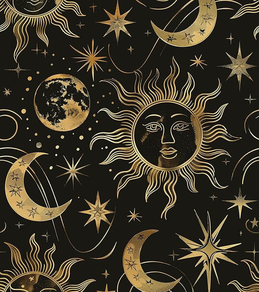 Black Peel and Stick Removable Vintage Wallpaper Gold Celestial Sun Moon Star Contact Paper 17.5" x 393" Dark Boho Mural Waterproof for Wall Bedroom Kitchen Bathroom Cabinet Room Decor