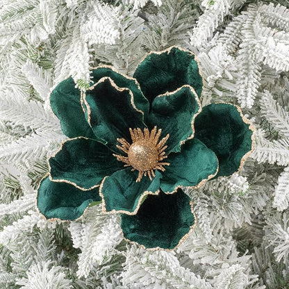 KI Store Dark Green Christmas Poinsettia Flower Set of 6 Large Artificial Velvet Magnolia Flower Picks Stems for Xmas Tree Decorations