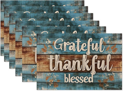 Grateful Thankful Blessed Placemats Set of 6,Wood Grain Dinner Table Mats Non-Slip Washable Mats for Kitchen Dinner Party Tablemat 12x18Inch