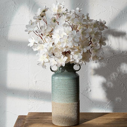Blue and Brown Ceramic Rustic Vase with 2 Round Handles, Modern Farmhouse Flower Vase, Vintage Terracotta Vases for Home Decor, Wedding, Living Room, Table, Shelf Decor - 9.5 Inch Tall