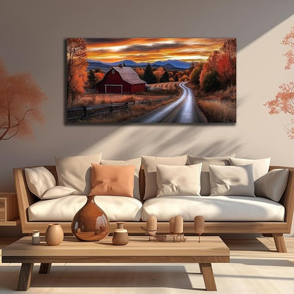 JuhaiArt Fall Wall Decor Red Barn Landscape Wall Art Natural Picture Sunset Scenery Canvas Decor for Living Room Bedroom Rustic Poster 24" x 48"